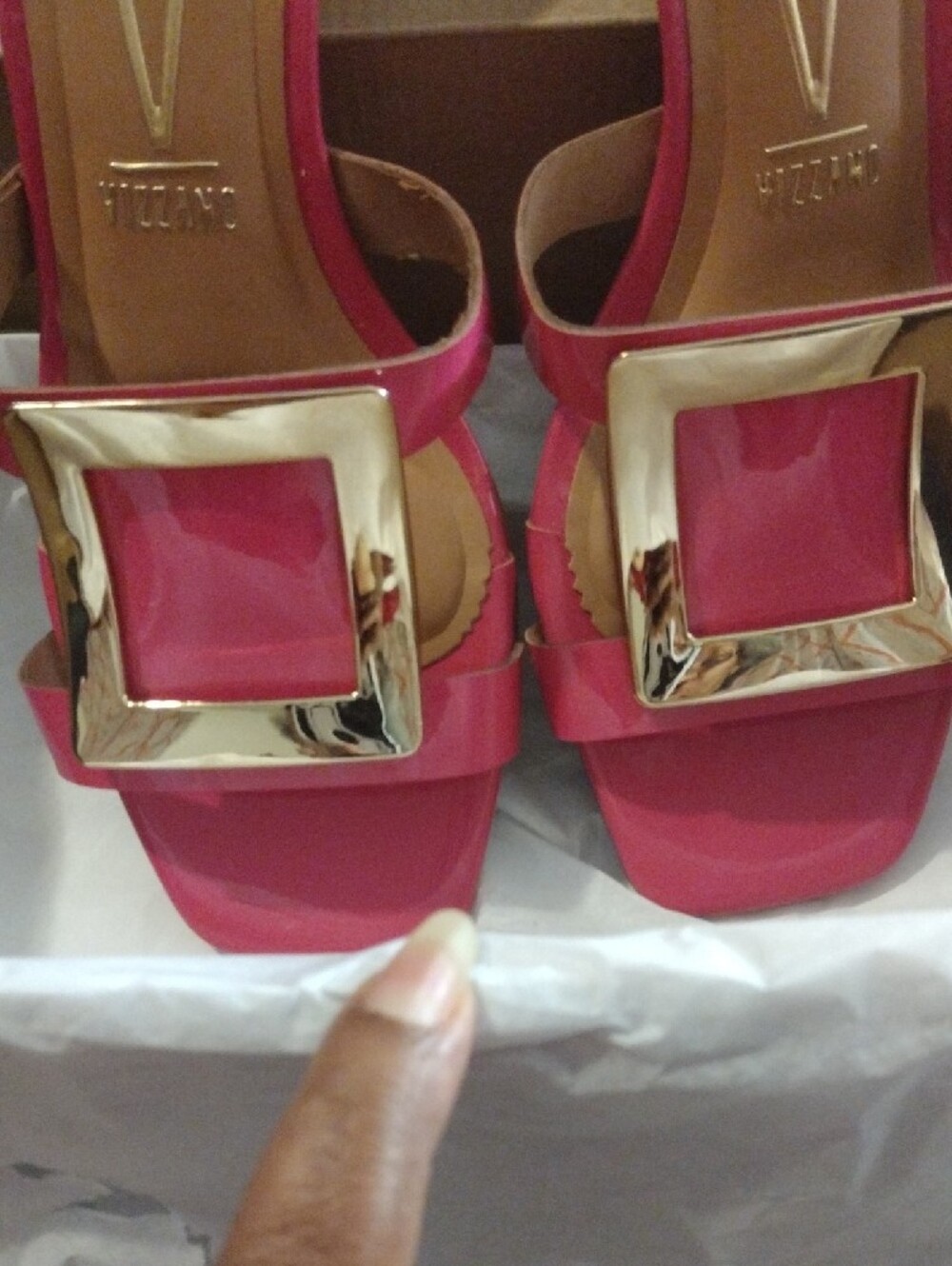 Vizzano Pink Patent Slip-On Mules with Gold Buckle